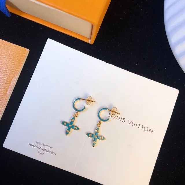 Louis Vuitton Gold Blue Metal Turquoise Enamel Earrings 6