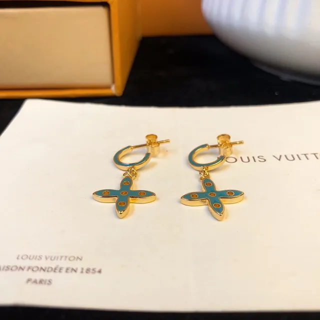 Louis Vuitton Gold Blue Metal Turquoise Enamel Earrings 7