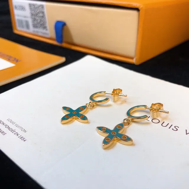Louis Vuitton Gold Blue Metal Turquoise Enamel Earrings 8