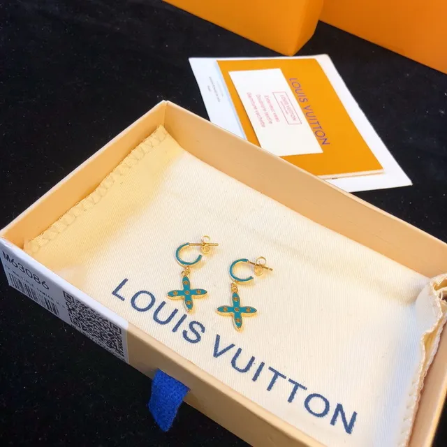 Louis Vuitton Gold Blue Metal Turquoise Enamel Earrings 9