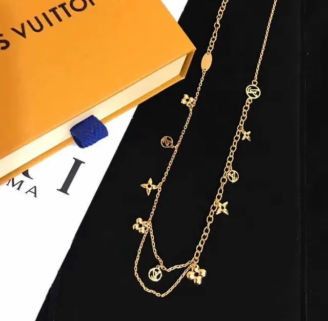 Louis Vuitton Gold Layered Chain Monogram Pendants Necklace 5