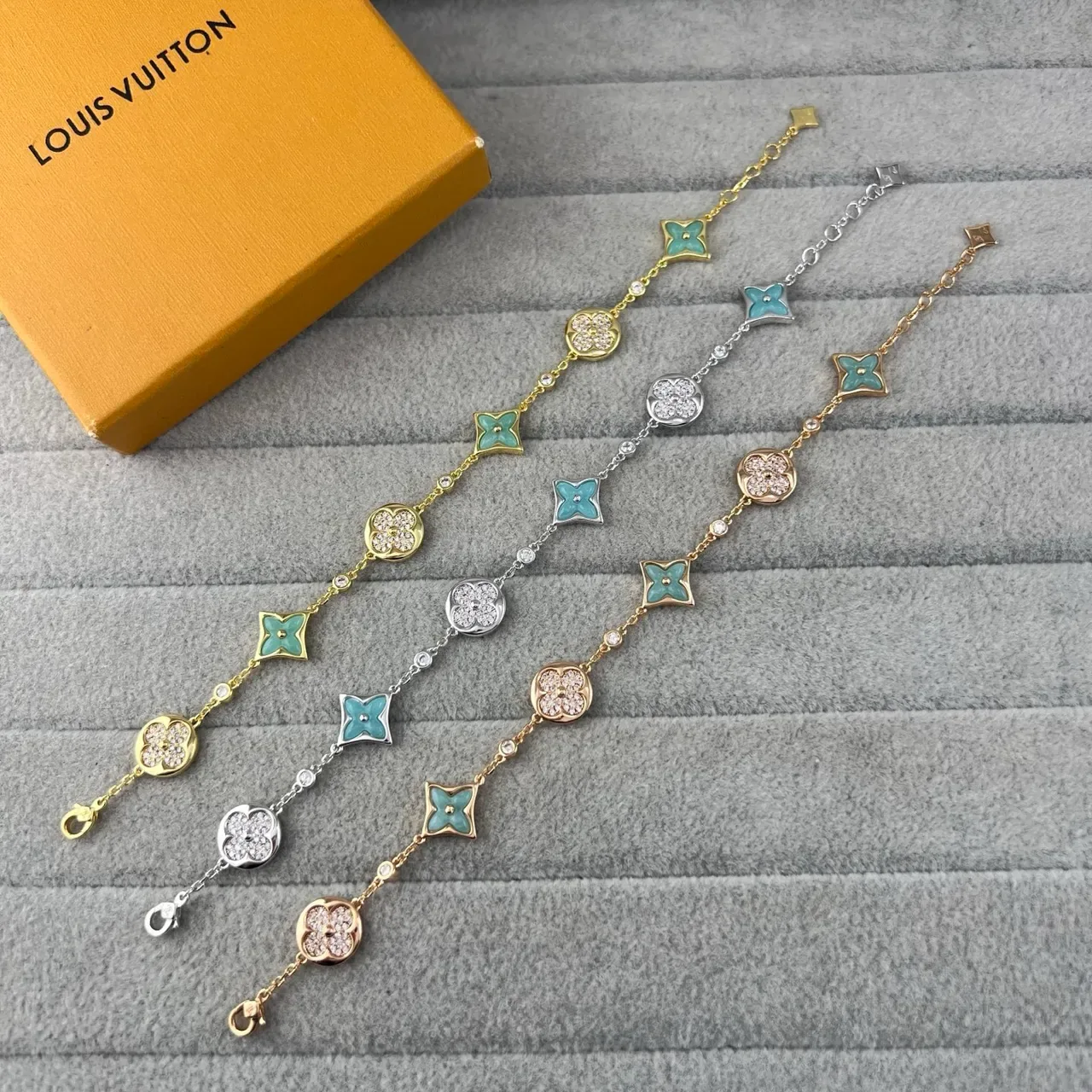 Louis Vuitton Gold Multicolor Chain Enamel Flower Charms Bracelet 5