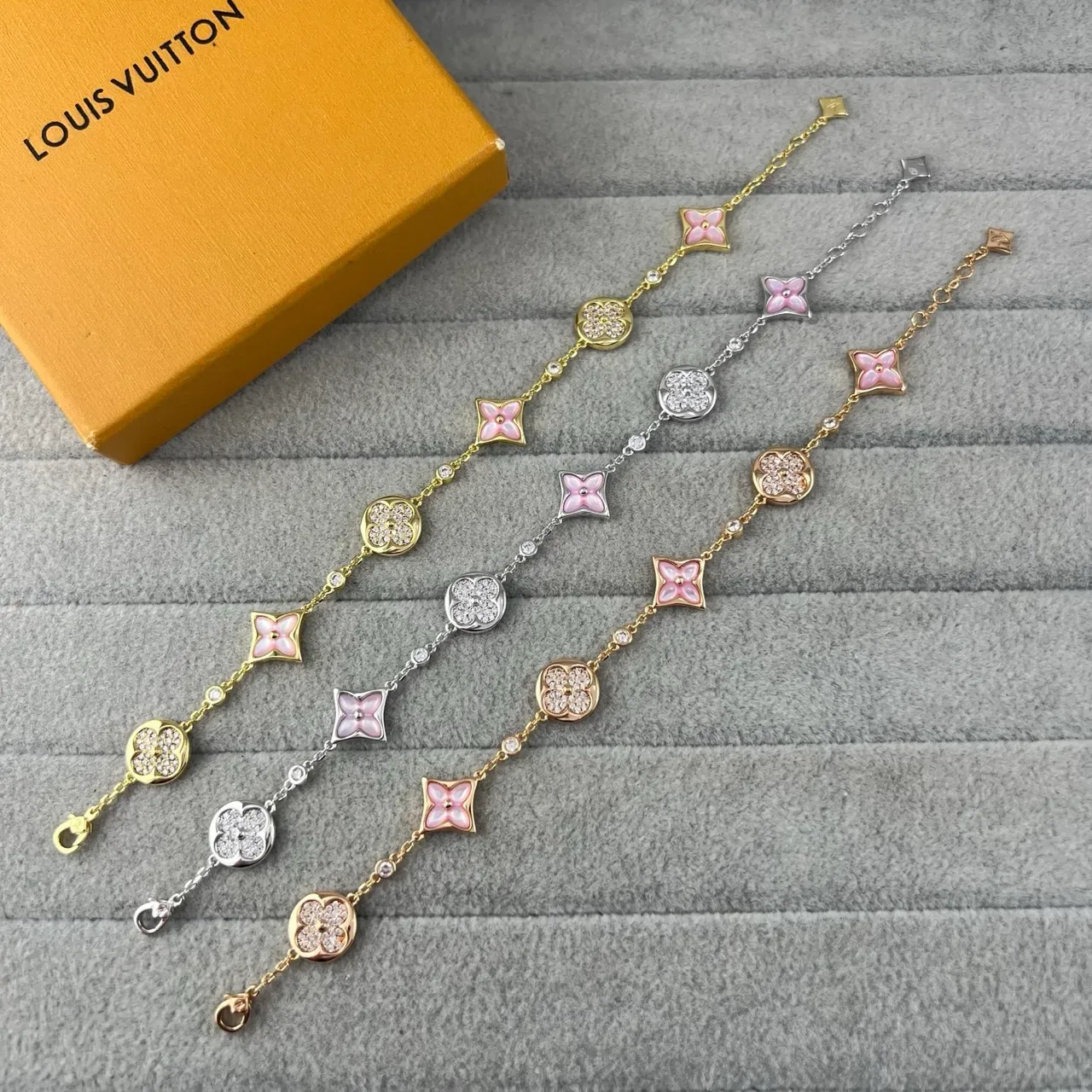 Louis Vuitton Gold Multicolor Chain Enamel Flower Charms Bracelet 6