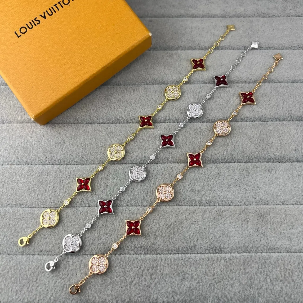 Louis Vuitton Gold Multicolor Chain Enamel Flower Charms Bracelet 7