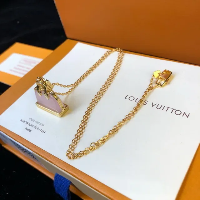 Louis Vuitton Gold Pink Bag-Shaped Pendant Metal Necklace 5