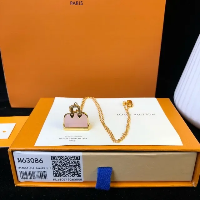 Louis Vuitton Gold Pink Bag-Shaped Pendant Metal Necklace 6