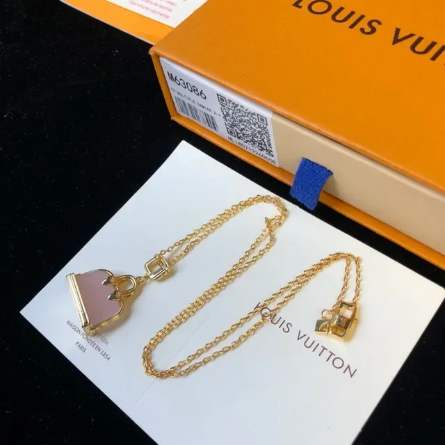 Louis Vuitton Gold Pink Bag-Shaped Pendant Metal Necklace 9