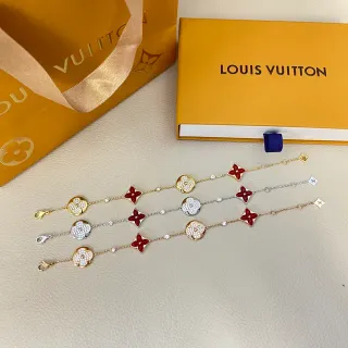Louis Vuitton dorado rojo fina eslabón de cadena pavé cristal floral charms pulsera