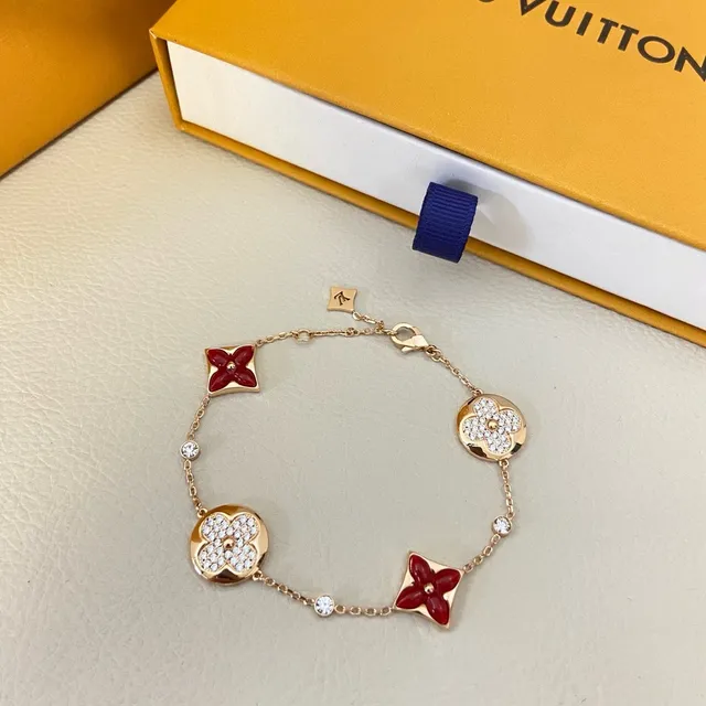 Louis Vuitton Gold Red Fine Chain-Link Pavé Crystal Floral Charms Bracelet 2