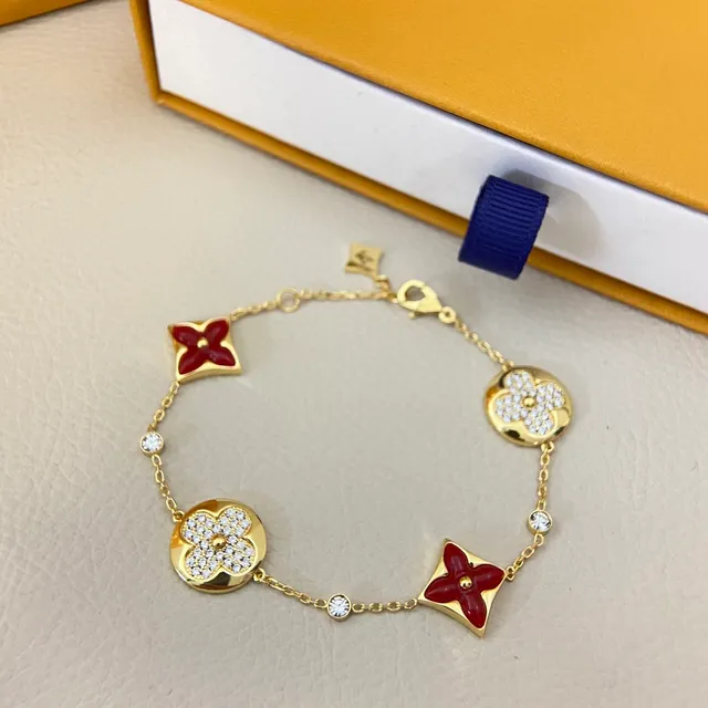 Louis Vuitton Gold Red Fine Chain-Link Pavé Crystal Floral Charms Bracelet 3