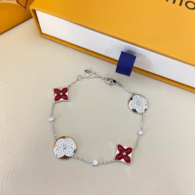 Louis Vuitton Gold Red Fine Chain-Link Pavé Crystal Floral Charms Bracelet 4