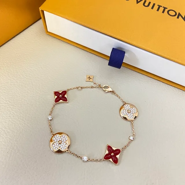 Louis Vuitton Gold Red Fine Chain-Link Pavé Crystal Floral Charms Bracelet 5