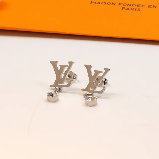 Louis Vuitton Gold Silver LV Monogram Logo Drop Dangle Earrings 2