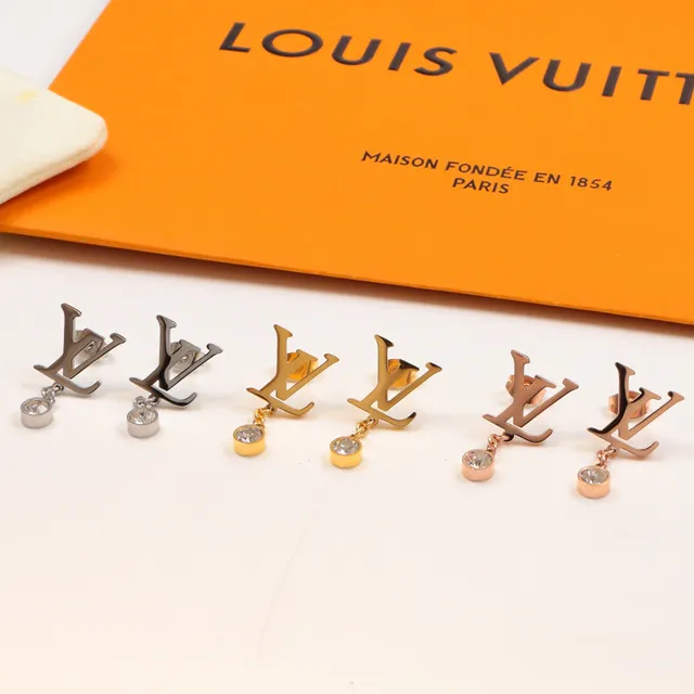 Louis Vuitton Gold Silver LV Monogram Logo Drop Dangle Earrings 5