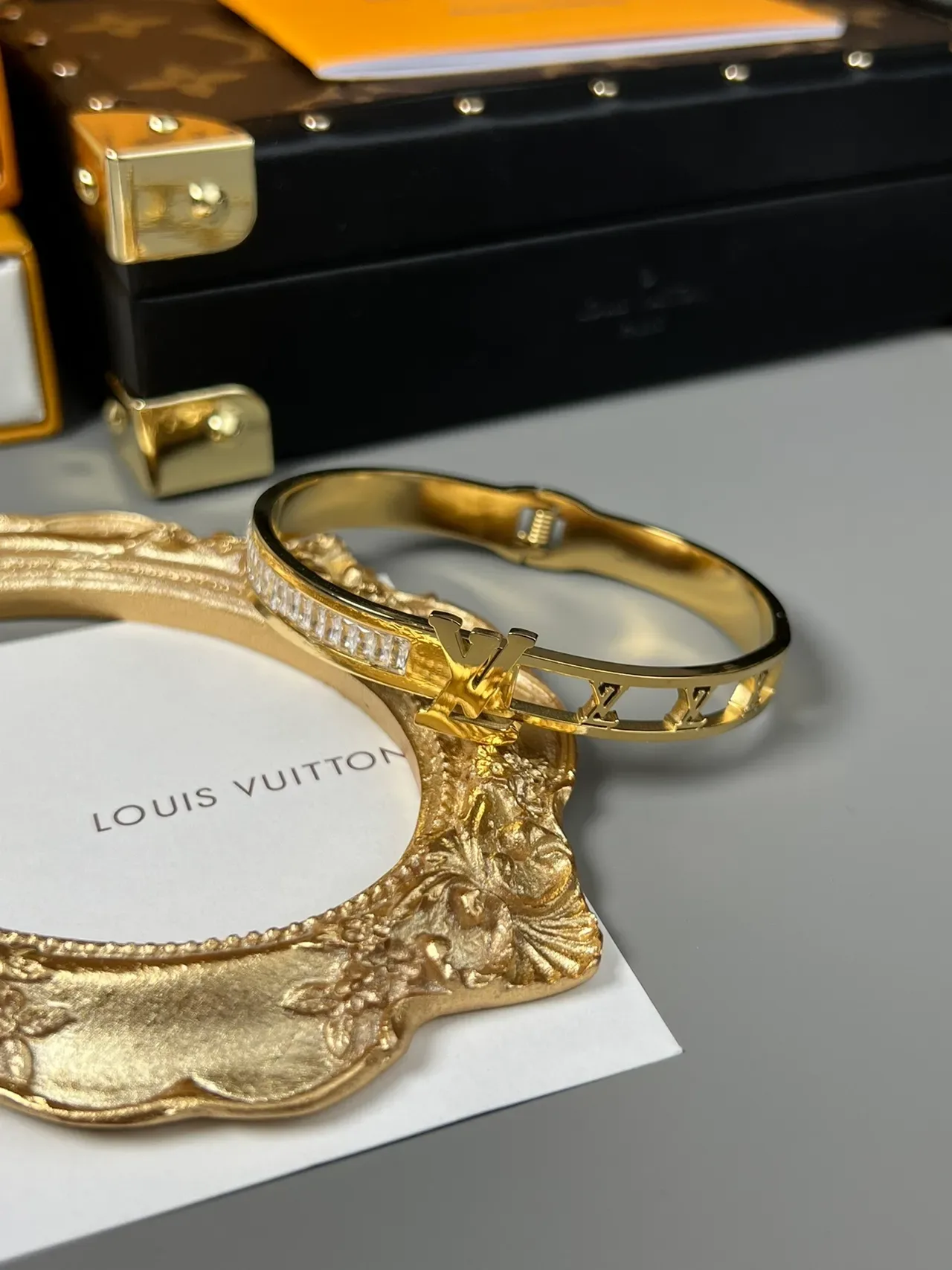 Louis Vuitton Gold-Tone LV Monogram Baguette Crystal Bracelet 5