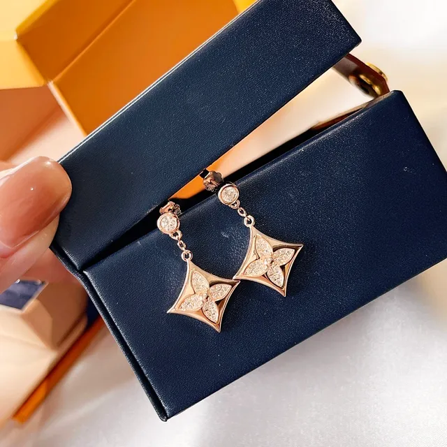 Louis Vuitton Gold White Quatrefoil Diamond Pavé Rose Earrings 3