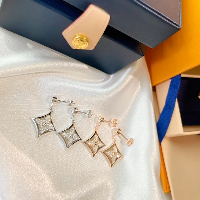 Louis Vuitton Gold White Quatrefoil Diamond Pavé Rose Earrings 4