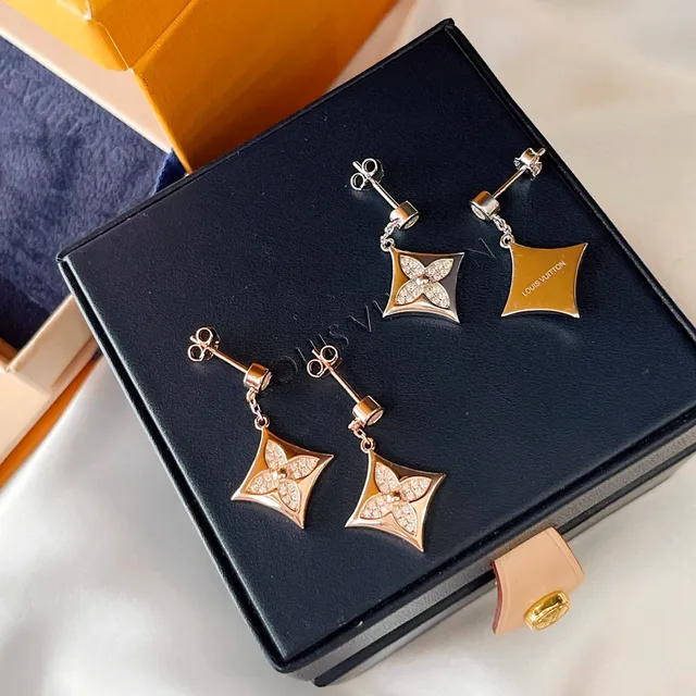 Louis Vuitton Gold White Quatrefoil Diamond Pavé Rose Earrings 5