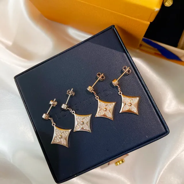Louis Vuitton Gold White Quatrefoil Diamond Pavé Rose Earrings 6