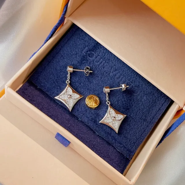 Louis Vuitton Gold White Quatrefoil Diamond Pavé Rose Earrings 7