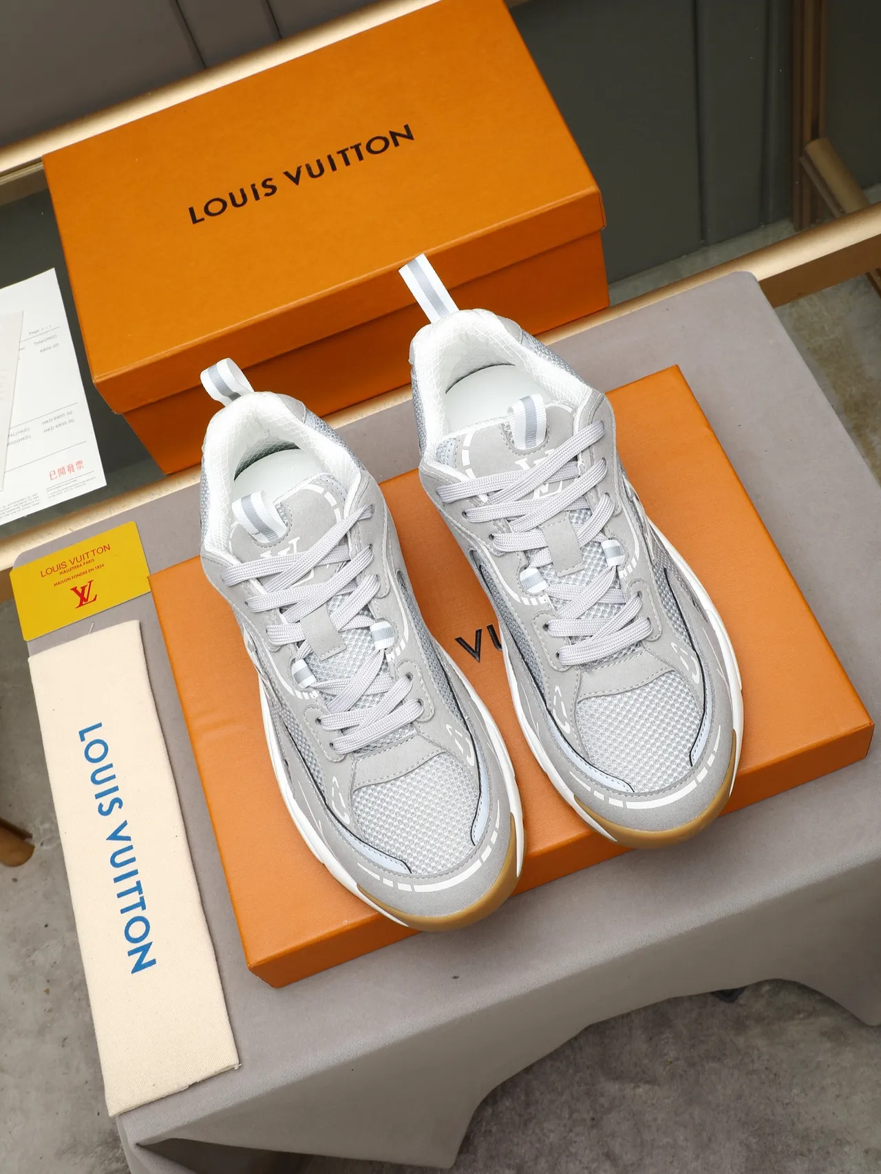 Louis Vuitton Gray Beige Layered Mesh And Suede Upper Oversized Monogram Panel Chunky Sneakers 3