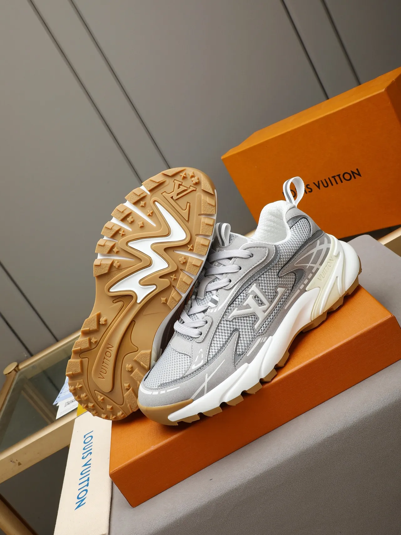 Louis Vuitton Gray Beige Layered Mesh And Suede Upper Oversized Monogram Panel Chunky Sneakers 4