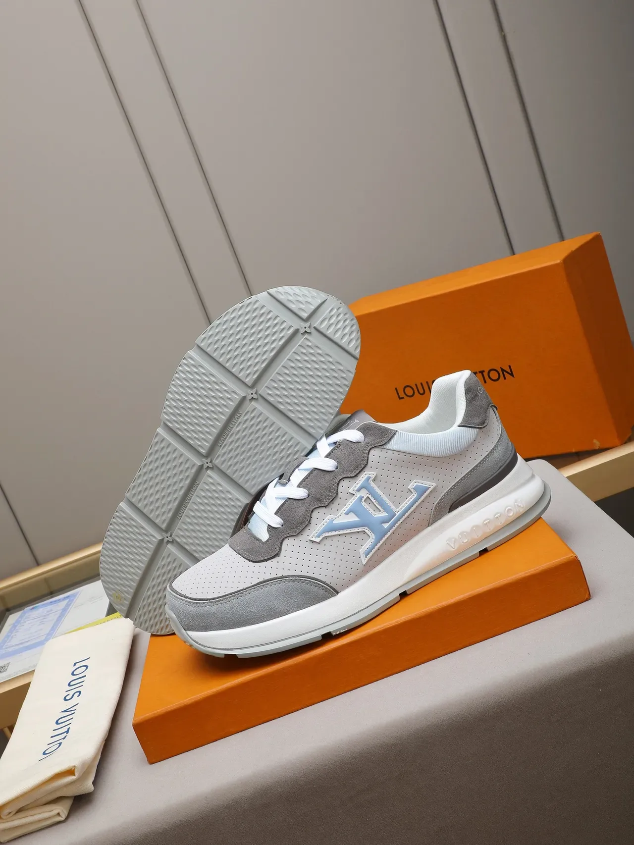Louis Vuitton Gray Blue Perforated Leather Upper Suede Overlays Lifestyle Sneakers 4
