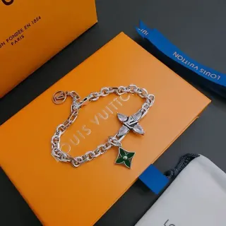 Louis Vuitton Iconic Charm Bracelet Silver Green Chunky Curb Chain LV Monogram Cross Bracelet