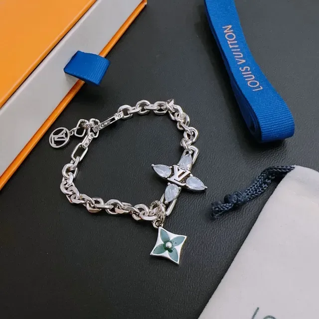 Louis Vuitton Iconic Charm Bracelet Silver Green Chunky Curb Chain LV Monogram Cross Bracelet 3