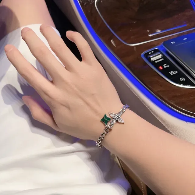Louis Vuitton Iconic Charm Bracelet Silver Green Chunky Curb Chain LV Monogram Cross Bracelet 4