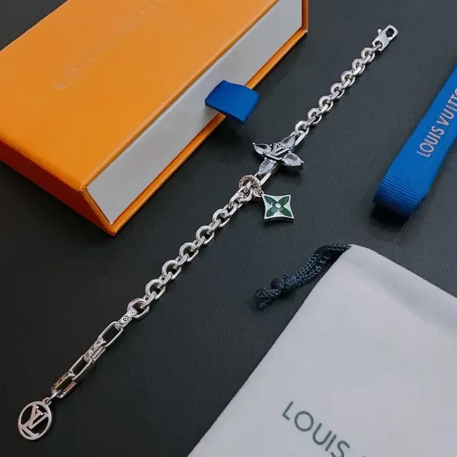 Louis Vuitton Iconic Charm Bracelet Silver Green Chunky Curb Chain LV Monogram Cross Bracelet 5