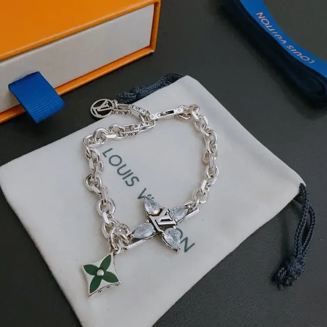 Louis Vuitton Iconic Charm Bracelet Silver Green Chunky Curb Chain LV Monogram Cross Bracelet 6