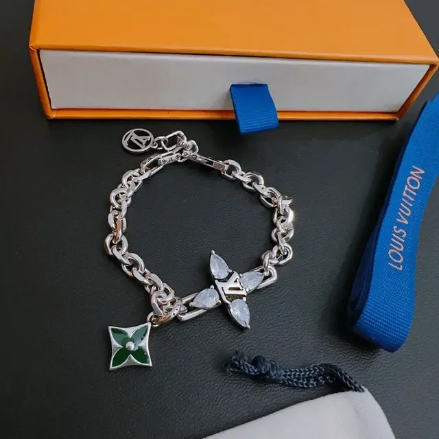 Louis Vuitton Iconic Charm Bracelet Silver Green Chunky Curb Chain LV Monogram Cross Bracelet 9