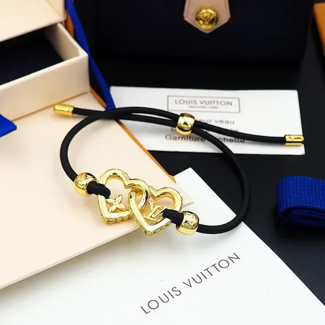 Louis Vuitton Interlocking Heart Charm Black Cord Bracelet 8