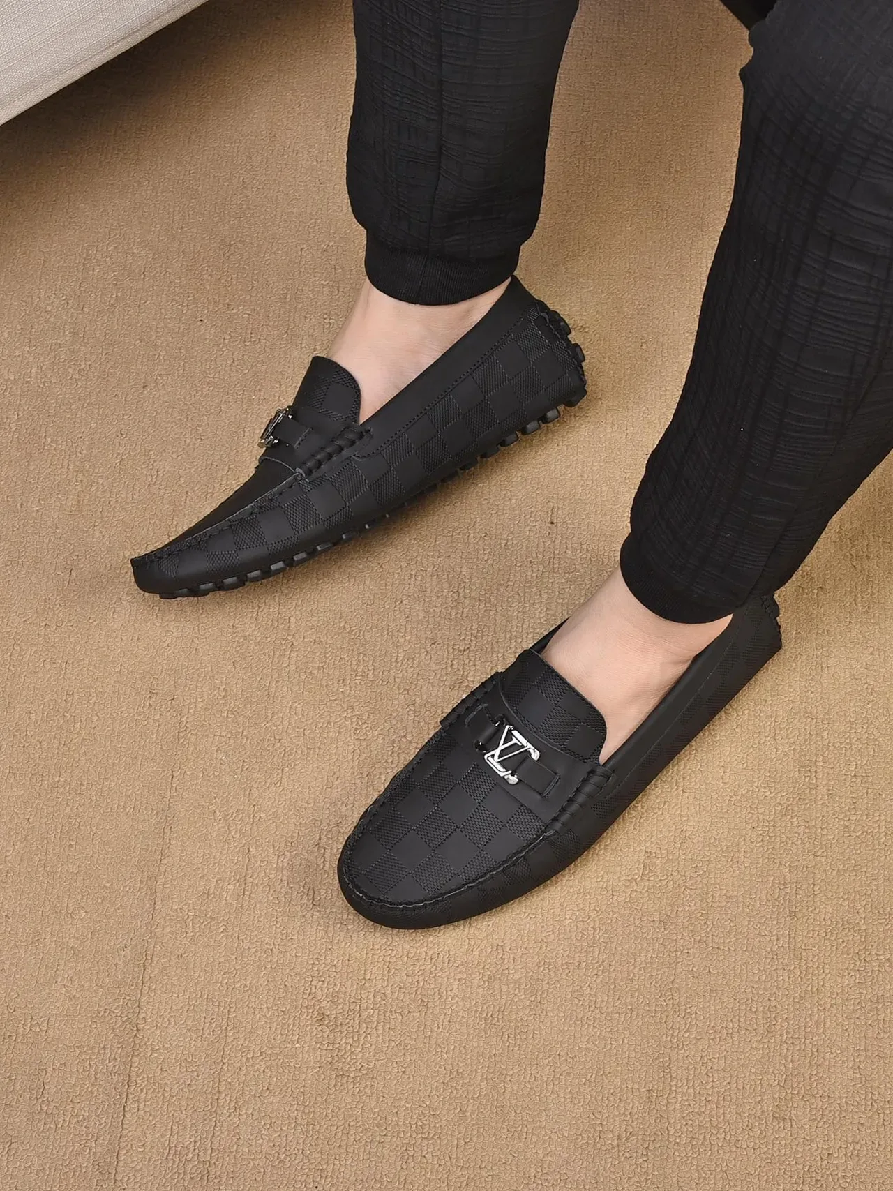 Louis Vuitton Loafer Black Beige Checkered Damier Pattern Metal LV Buckle Strap Loafer 2