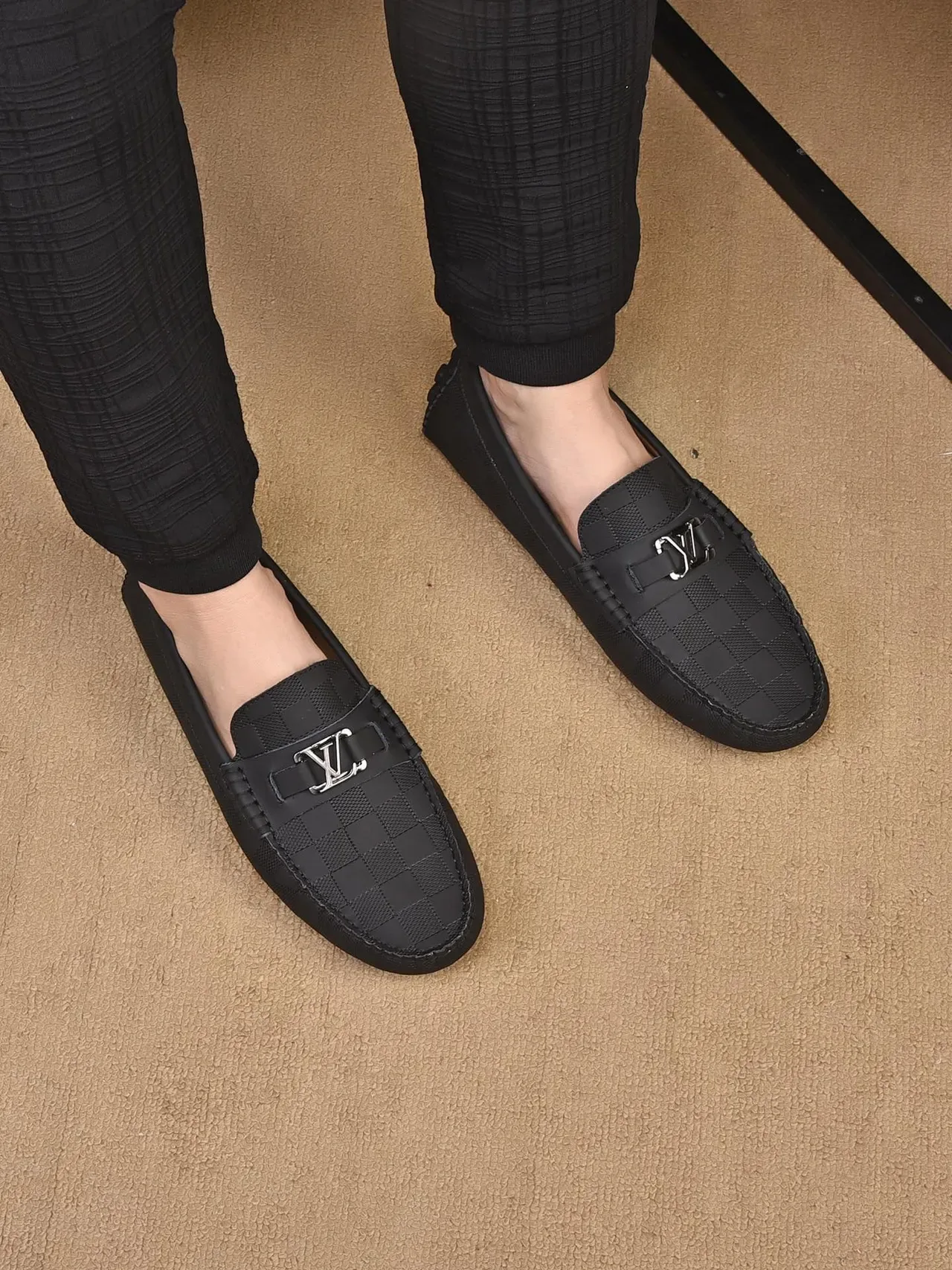 Louis Vuitton Loafer Black Beige Checkered Damier Pattern Metal LV Buckle Strap Loafer 3