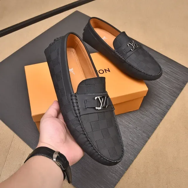 Louis Vuitton Loafer Black Beige Checkered Damier Pattern Metal LV Buckle Strap Loafer 7