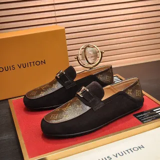 Louis Vuitton 乐福鞋 黑色棕色麂皮鞋面 印花帆布 脚尖帽 乐福鞋