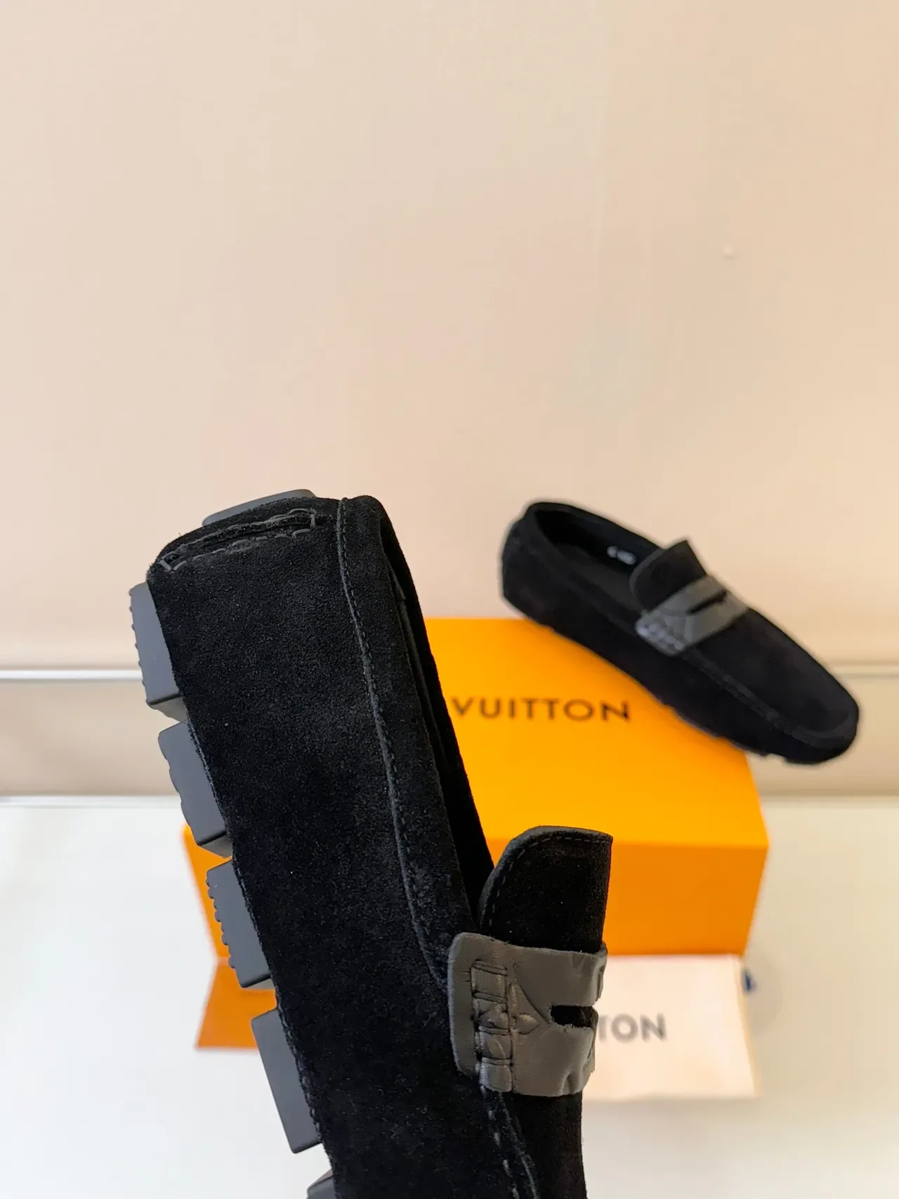 Louis Vuitton Loafer Black Gray Suede Upper Metal LV Buckle Strap Loafer 4