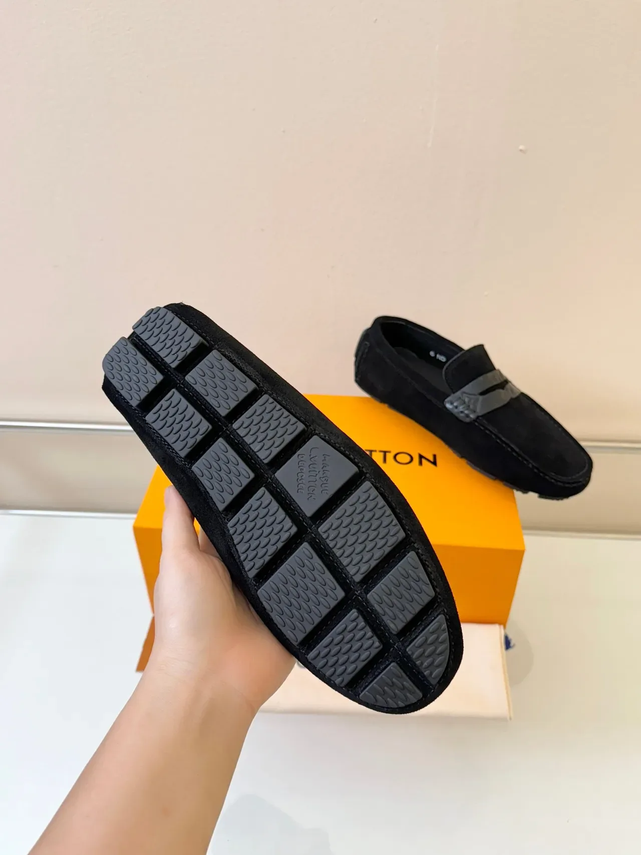 Louis Vuitton Loafer Black Gray Suede Upper Metal LV Buckle Strap Loafer 6