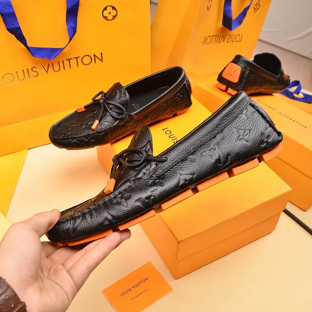Louis Vuitton Loafer Black Orange Monogram-Embossed Leather Decorative Bow Loafer 7