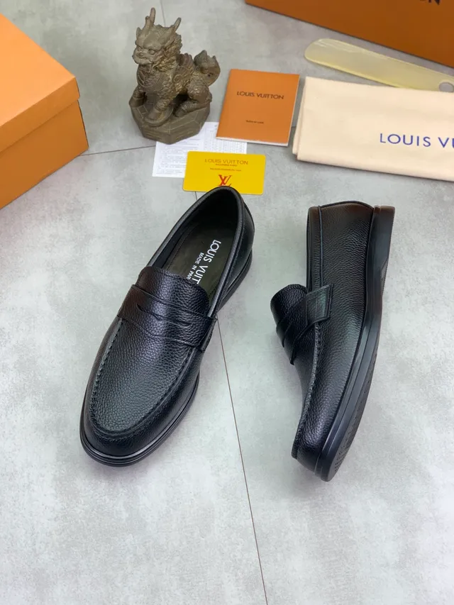 Louis Vuitton Mocassim Preto Couro granulado Tira penny Mocassim 5