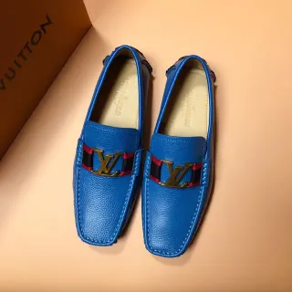 Louis Vuitton Loafer Azul e Vermelho Couro Granulado LV Monogram Fivela Loafer