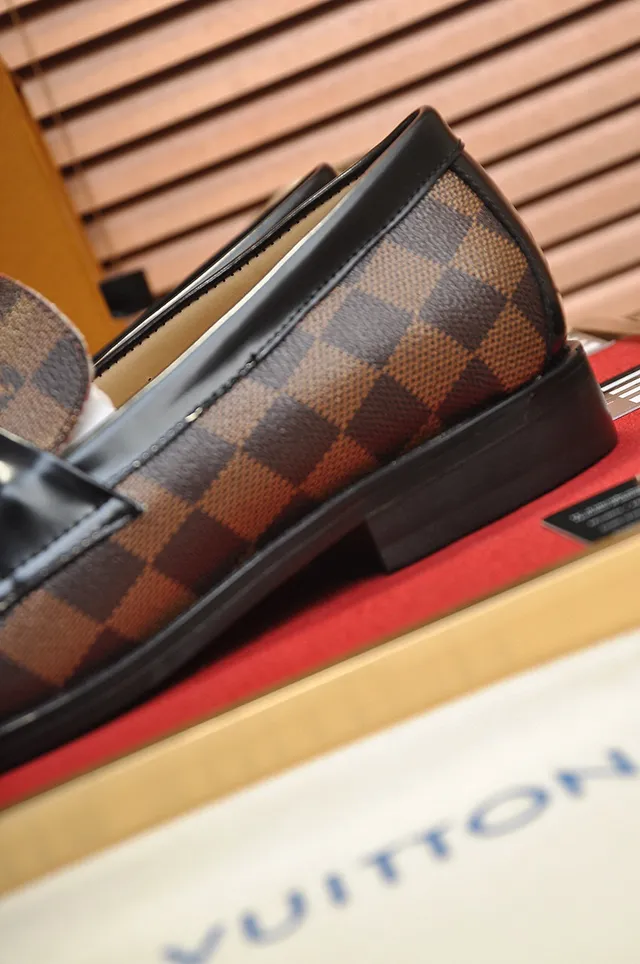 Louis Vuitton mocassin marron noir Damier Ebène tissu à carreaux toile bordure cuir mocassin 2