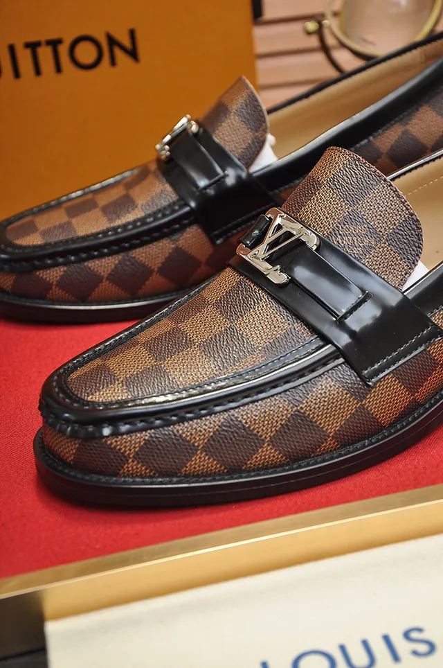 Louis Vuitton mocassin marron noir Damier Ebène tissu à carreaux toile bordure cuir mocassin 3