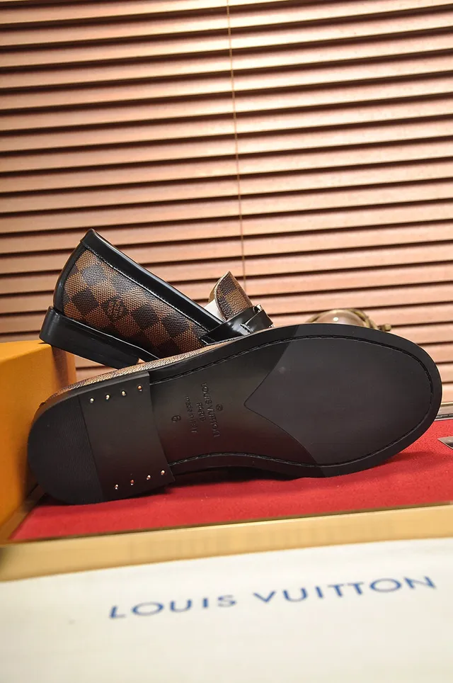 Louis Vuitton mocassin marron noir Damier Ebène tissu à carreaux toile bordure cuir mocassin 4