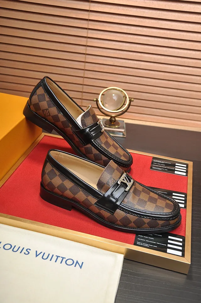 Louis Vuitton mocassin marron noir Damier Ebène tissu à carreaux toile bordure cuir mocassin 5