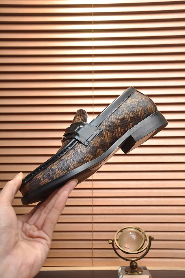 Louis Vuitton mocassin marron noir Damier Ebène tissu à carreaux toile bordure cuir mocassin 6