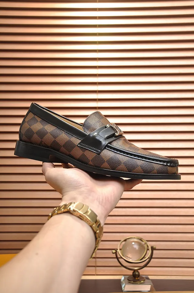 Louis Vuitton mocassin marron noir Damier Ebène tissu à carreaux toile bordure cuir mocassin 7