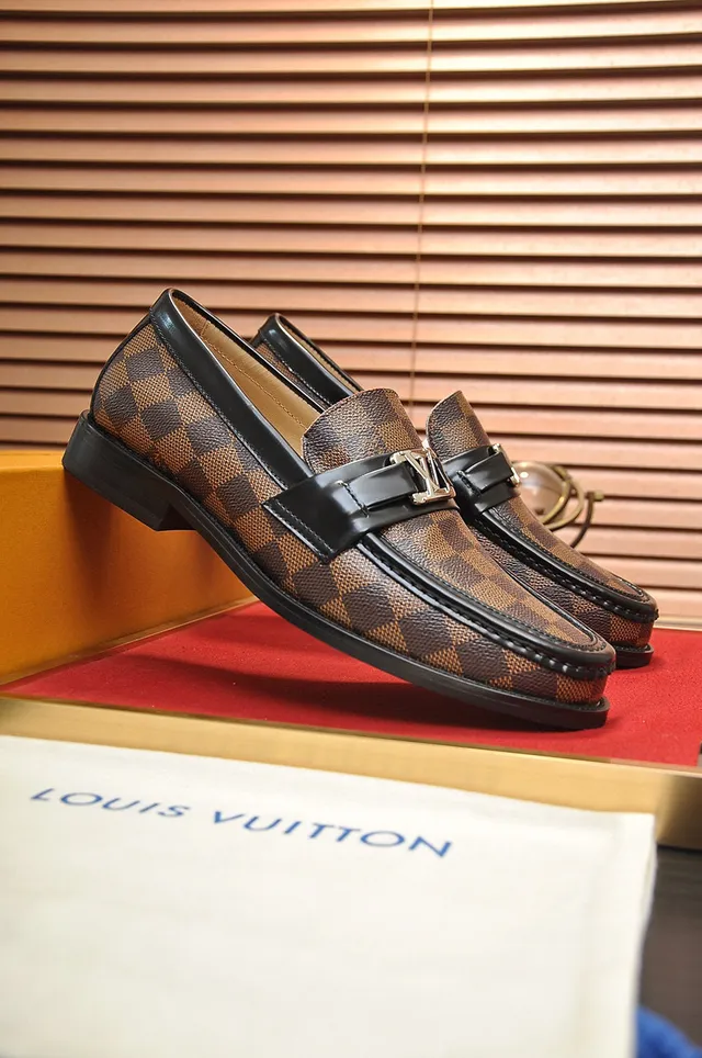 Louis Vuitton mocassin marron noir Damier Ebène tissu à carreaux toile bordure cuir mocassin 9